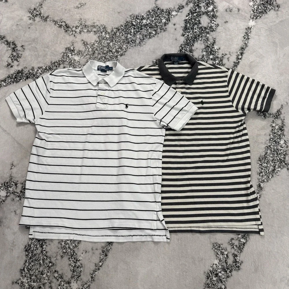 2 Polo Ralph Lauren Mens Large Striped Polo Shirts Gray White 100% Cotton